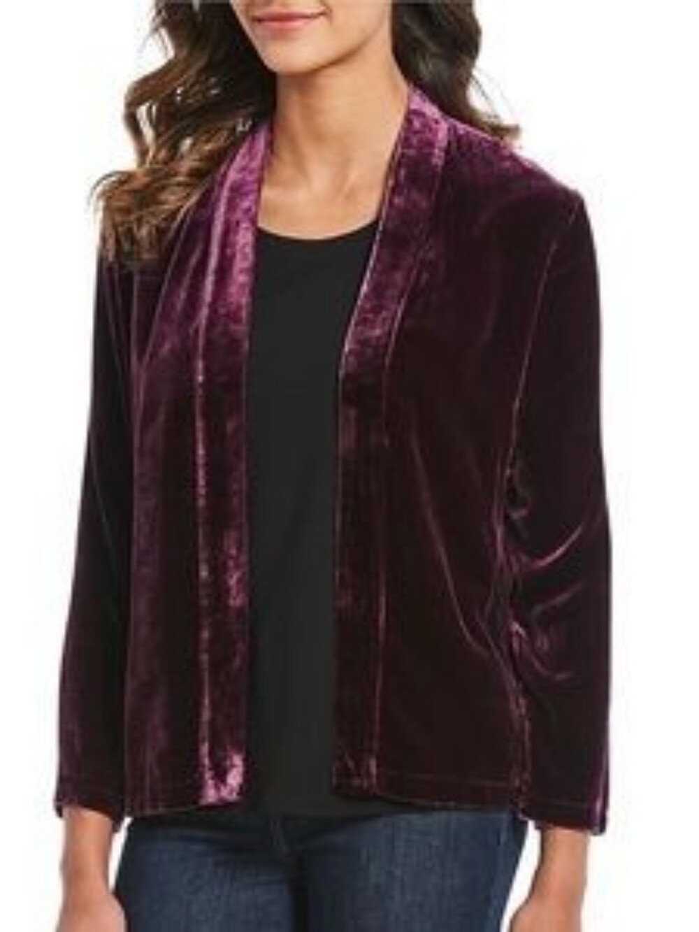 Calvin Klein Velvet Open-Front Blazer in Plum